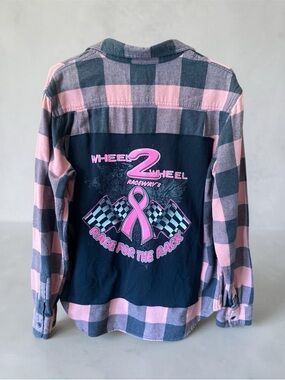Upcycled Pink & Gray Plaid Flannel Shirt with “Race for the Rack” graphic